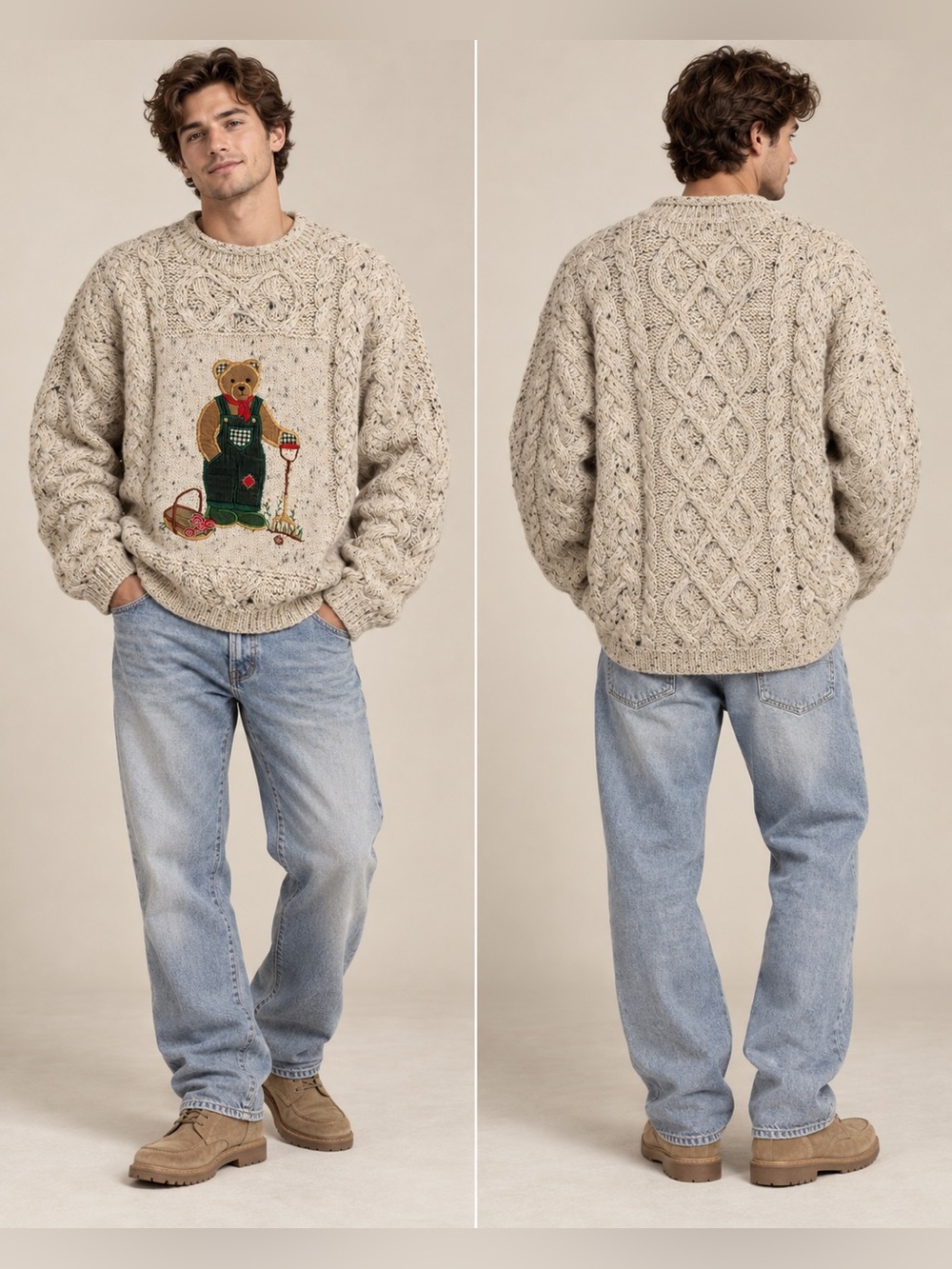 Vintage ACORN Teddy Bear Cable Knit Wool Sweater XL Cottagecore Grandpa Unisex